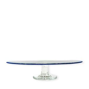 Vintage Clear Glass Pedestal Cake Stand with Cobalt Blue Rim